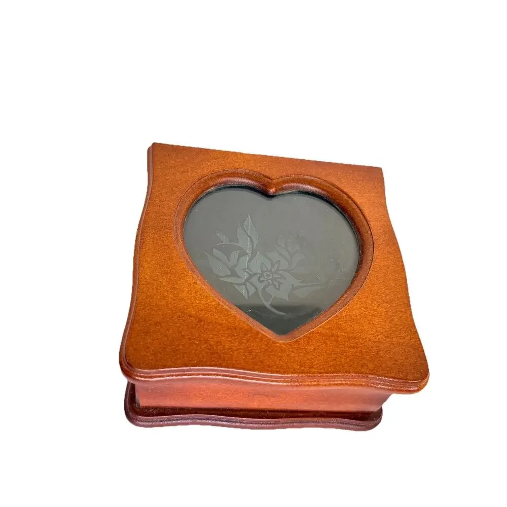Vintage Dark Wood Jewelry Box with heart shaped glass panel